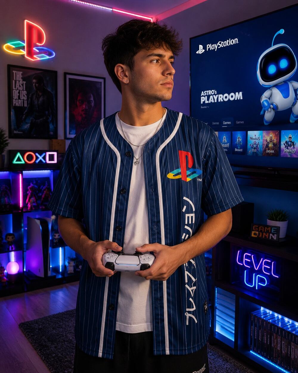 PlayStation Pinstripe Baseball Jersey Button Front Graphic Shirt NWT Large
